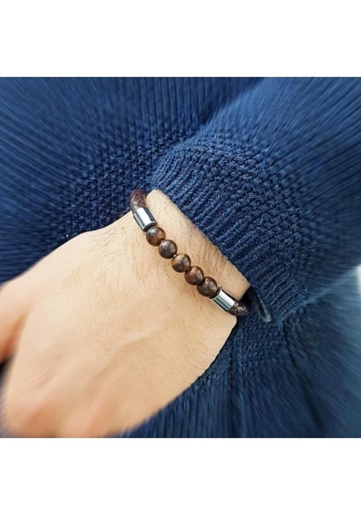 Brezza Lusso Jewelry Deri Mıknatıslı Ceviz Ağacı Erkek  Bileklik Beyaz