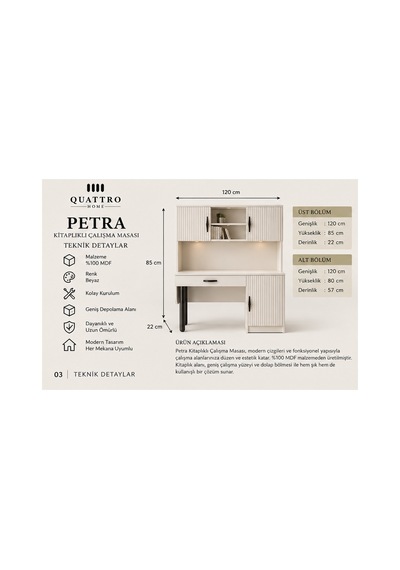 Petra Kitaplıklı Çalışma Masası 3 İnç Düz Beyaz