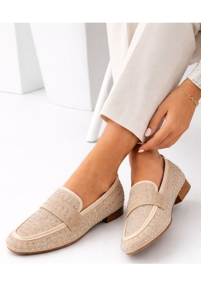 Mery Ceyn Taşlı Küt Kare Loafer Şık Babet Bej