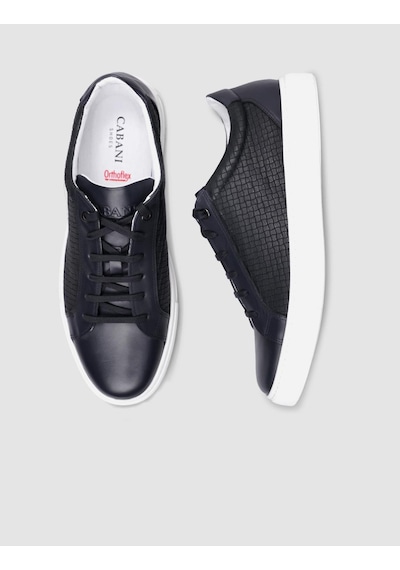 %100 Hakiki Deri Lacivert Kare Desenli Bağcıklı Erkek Sneaker-lacivert Lacivert