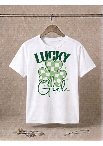 Kadın Lucky Girl Yonca Baskılı Kompakt T-shirt Beyaz