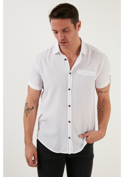 Buratti % 100 Pamuk Keten Görünümlü Slim Fit Kısa Kollu Erkek Gömlek Cf21S111766 Beyaz