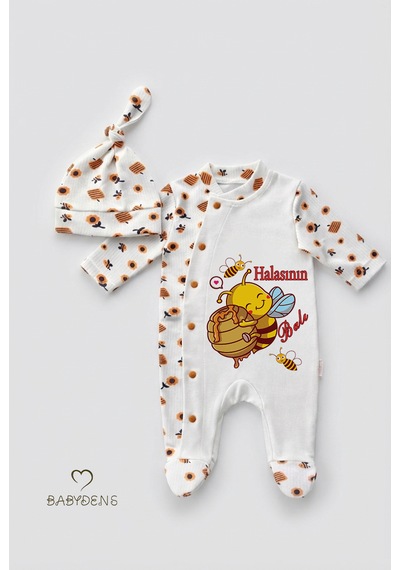 Babyden's Halasının Balı Yazılı Yenidoğan Bebek Tulumu Şapka Seti Arı Desenli %100 Pamuk Çıtçıtlı Bebek Tulum Ekru - Çok Renkli