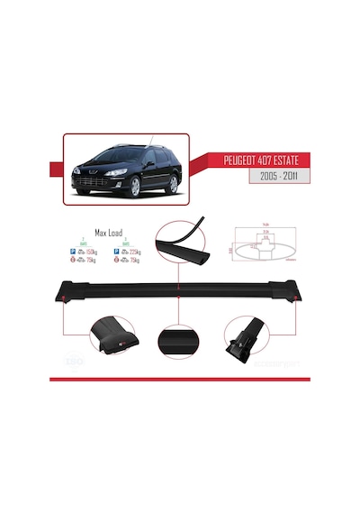 Peugeot 407 Estate 2005-2011 Arası İle Uyumlu Fly Model Ara Atkı Tavan Barı Siyah