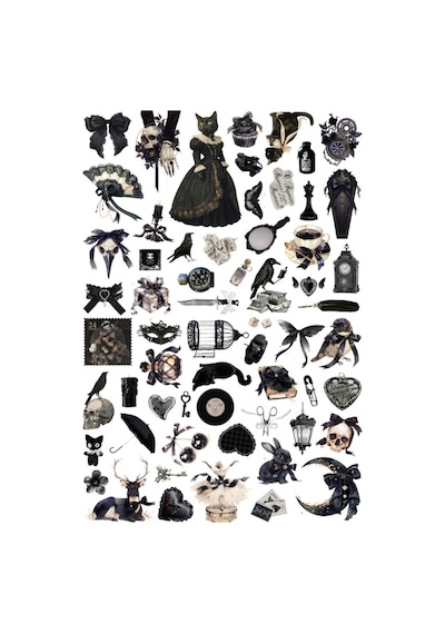 61 Adet Siyah Coquette Gotik Sticker Seti - Etiket Seti Sketchbook