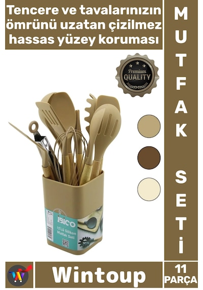 Mutfakseti Isıya Dayanıklı Yanmaz Modern Ergonomik Bambu Saplı Kovalı 11 Parça Silikon Mutfak Seti