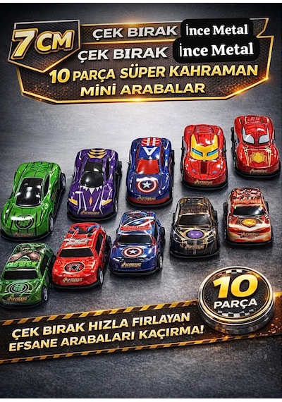Oyuncak AVENGERS Temalı 10 Lu Kutulu Çek Bırak Metal Car 7 cm Araba Seti