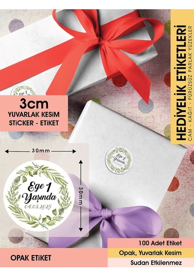 Yeşil Yapraklı Çelenk Modeli Ürünlerinize Özel 3cm - 100 Adet Opak Sticker Renkli