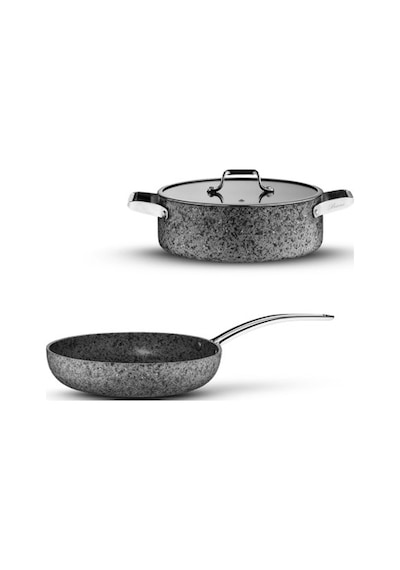 Brioni Stone-age 3 Parça 24 Cm Basık- 24 Cm Tava Çizilmez Yanmaz Yapışmaz Kombin Tencere Tava Seti Gri