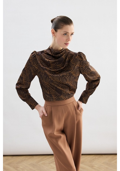 Sateen Drape Detaylı Desenli Bluz - Kahve-136744 kahve