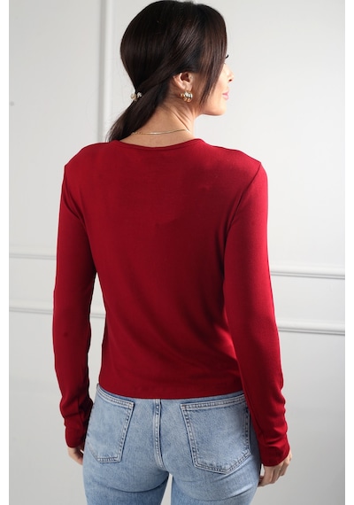 By Saygı Kadın Buzzy Boydan Çıtçıtlı Likralı Bluz Bordo