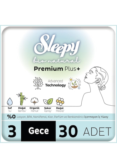 Sleepy Bio Natural Premium Plus Hijyenik Ped Mega Paket Gece 30x3 90 Adet