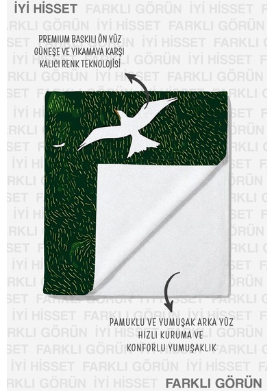 Martı Figürlü Yeşil Plaj Havlusu - Marine Doğa Temalı Modern Hızlı Kuruyan Mikrofiber Havlu Çok Renkli