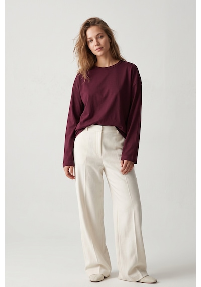 Elemge %100 Pamuk Süprem Oversize Kadın Uzun Kollu T-shirt Compact Penye Tok Yumuşak Kumaş Bol Kesim Nefes Alan Terletmez Yapı Basic Bordo Tişört