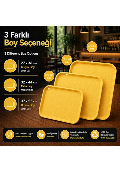 6 Adet Abs Servis Tepsisi Kaymaz Yüzeyli 32x44 Cm Sarı Renk Endüstriyel Kullanıma Uygun, Kırılmaz, Bpa Free 7 Renk Seçenekli