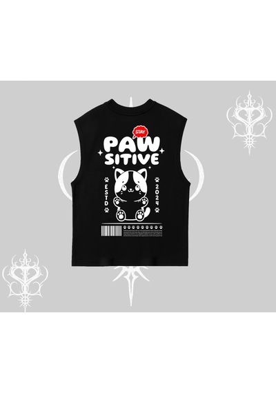 Startmore Startmore Paw Sitive Kedi Arka Baskılı Kolsuz Tshirt Siyah