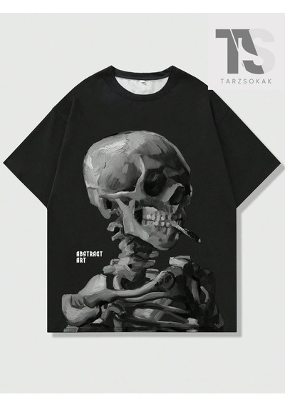 Startmore Goth Erkek Koyu Gotik Kafatası Baskılı T-shirt Siyah