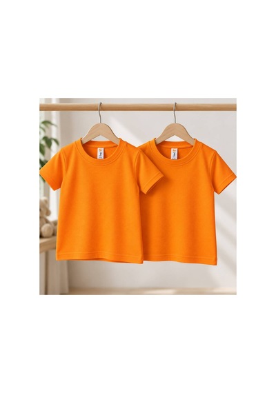 H&c Coolboy H&c Cool Boy 2 Li Çocuk Tişört Unisex Pike Kumaş Kısa Kollu Basic T-shirt Turuncu