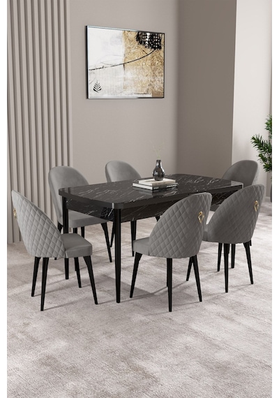 Milas Siyah Mermer Desen 80x132 Mdf Açılabilir Mutfak Masası Takımı 6 Adet Sandalye Gri Milas Siyah Mermer Desen 80x132 Mdf Açılabilir Mutfak Masası Takımı 6 Adet Sandalye Gri