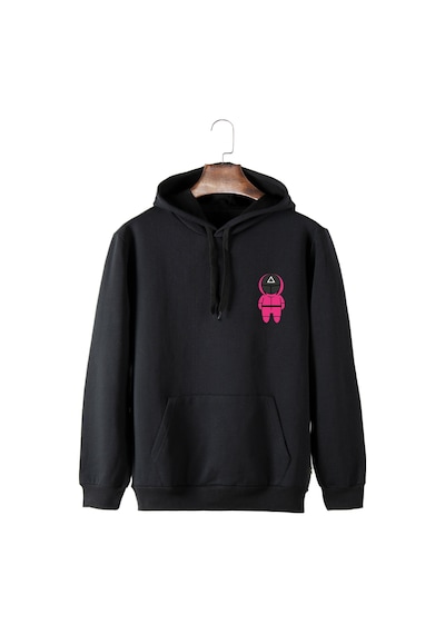 Unisex Siyah Kapüşonlu Squid Game Baskılı Slim Fit Kanguru Cepli Sweatshirt Siyah