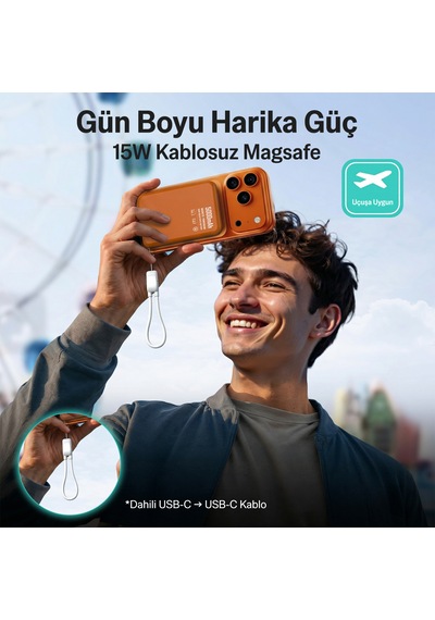 Bix Pb51 5000mah 15w Magsafe Manyetik Kablosuz Şarjlı 20w Type-c Semi-solid Bataryalı Dahili Kablolu Mini Powerbank Siyah
