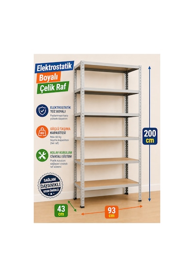 6 Katlı Çelik Elektrostatik Raf Sistemi, Dosya, Market, Ayakkabı, Çiçek, Depo, Arşiv, Kiler Rafı Boyut: 43x93x200 Cm Kalınlık: 0,70 Mm Gri