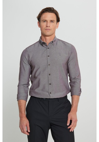 AC&Co / Altınyıldız Classics Tailored Slim Fit Dar Kesim Düğmeli Yaka Oxford Erkek Gömlek Kahverengi