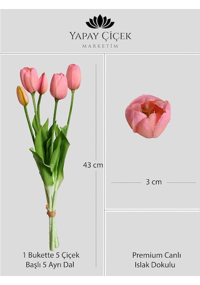 Pembe Yapay Tulipa Lale Çiçeği Buketi 5 Dallı Premium Canlı Islak Dokulu 43 Cm