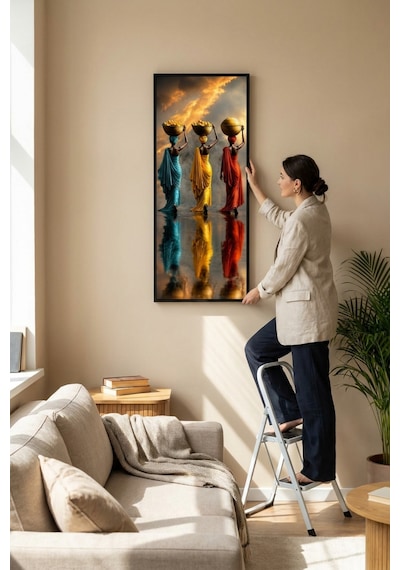 Sepet Taşıyan Afrikalı Kadınlar Çerçeveli Dekoratif Tablo 25x60 Cm Dikey Duvar Tablosu Salon Yatak Odası Ofis Dekoru