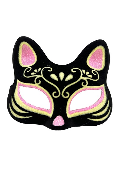 Siyah Renk Süet Kaplama Üzeri Pembe Sarı Simli Kedi Maskesi 17x14 Cm 5286
