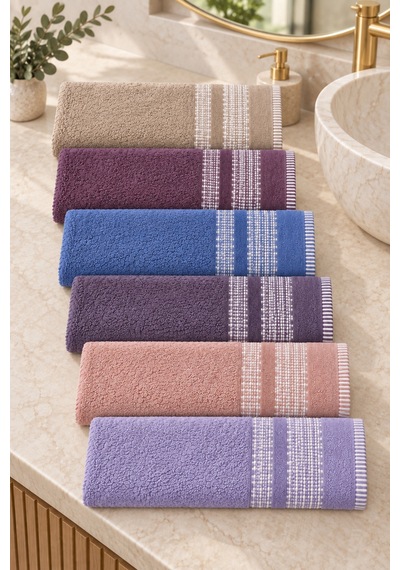 Çift Şerit Desenli Renkli Havlu 50x90 Cm 6 Lı Set - Çok Renkli