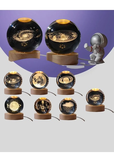 Samanyolu Desenli Kristal Küre Ahşap Standlı Gün Işığı Led Masa Lambası Reknli