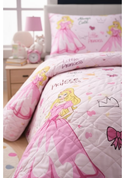 Kız Çocuk Genç Pike Yatak Örtüsü Takımı Prenses Desen Kapitone Pamuklu 4 Mevsim Çarşafsız 160x230 Pembe