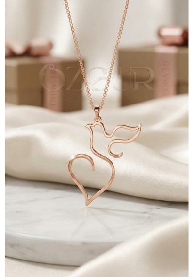 925 Ayar Gümüş Kalp Ve Güvercin Figürlü Kolye Rose Gold