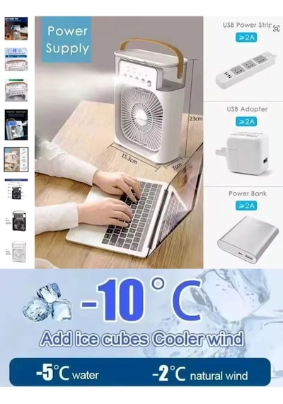 Şarjlı Soğutmalı Vantilatör - Beyaz - 7 Renk Led Işıklı Mini Hava Soğutucu, Buharlı Nemlendirici, Parfüm Hazneli, Zaman Ayarlı, Taşınabilir Usb Fan Ev & Ofis İçin