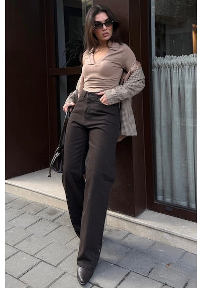 Kahverengi Wide Leg Kadın Pantolon Mg2614