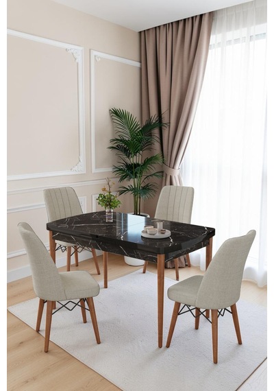 80x170cm Mutfak Masası Takımı 4 Kişilik Açılır Masa Sandalye Takımı -yemek Odası-mdf Siyah Mermer - Krem