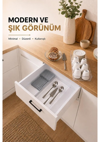 Çekmece İçi Bıçaklık Organizer Bölmeli Mutfak Düzenleyici Gri S-11029 Çok Renkli
