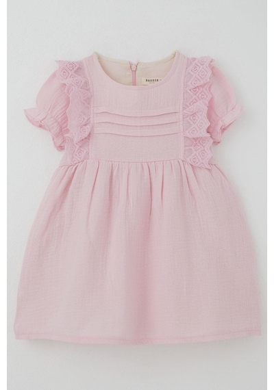 Breeze Kız Bebek Elbise Omuz Kısmı Güpür Detaylı Kolları Lastikli 9 Ay-3 Yaş, Pembe Pembe