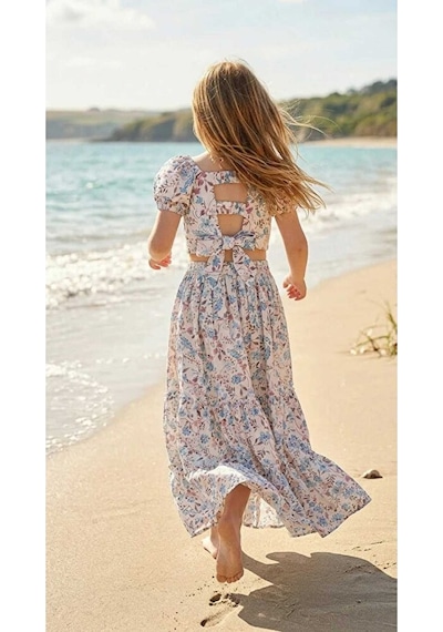 Ministok Alice Çiçek Desenli Kız Çocuk Crop Blüz Etek Takım Mavi
