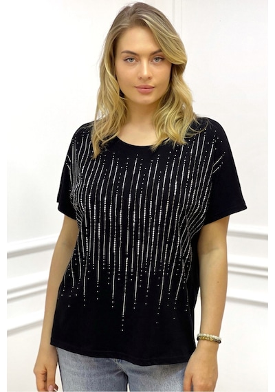 Rich Glam Bol Kesim Bisiklet Yaka Büyük Beden Crystal Taşlı Kadın T-shirt Siyah