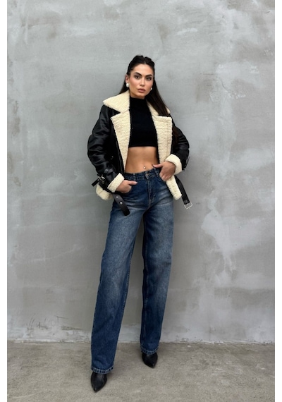 Msm Fashion Kadın İçi Beyaz Kürklü Siyah Kısa Biker Deri Ceket Mont Siyah