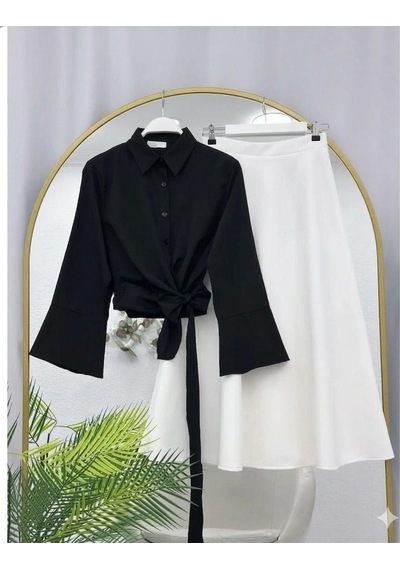 Lovie Moda Kadın Scuba Etek Bağcıklı Gömlek Takım - Siyah