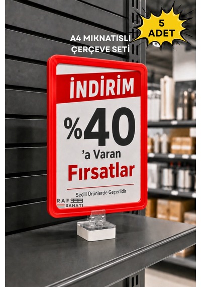 5 Adet - A4 Güçlü Mıknatıs Tutuculu Fiyatlık Etiketlik Dikey Yatay Ve Bilgilendirme Çerçevesi Kırmızı