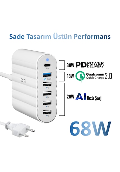 SooPii CS63 PD 3.0+QC3.0+PPS 68W 6 Port Taşınabilir Çoklu Şarj İstasyonu