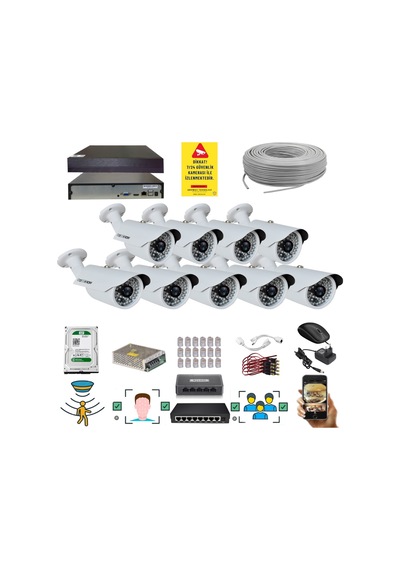 9 Kameralı Set - 5 Mp 1940p Sensör 6 Megapiksel Sony Lens Metal Kasa Ip Güvenlik Kamerası Seti