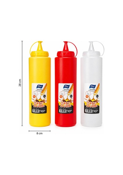 Titiz 3 Lü 1000 Ml Sos Şişesi Seti Sızdırmaz Kapaklı Sarı Kırmızı Şeffaf