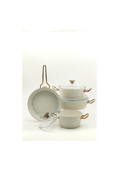 Milena 7 Parça Granit 18-22-26 Cm Tencere & 26cm Tava Set Beyaz