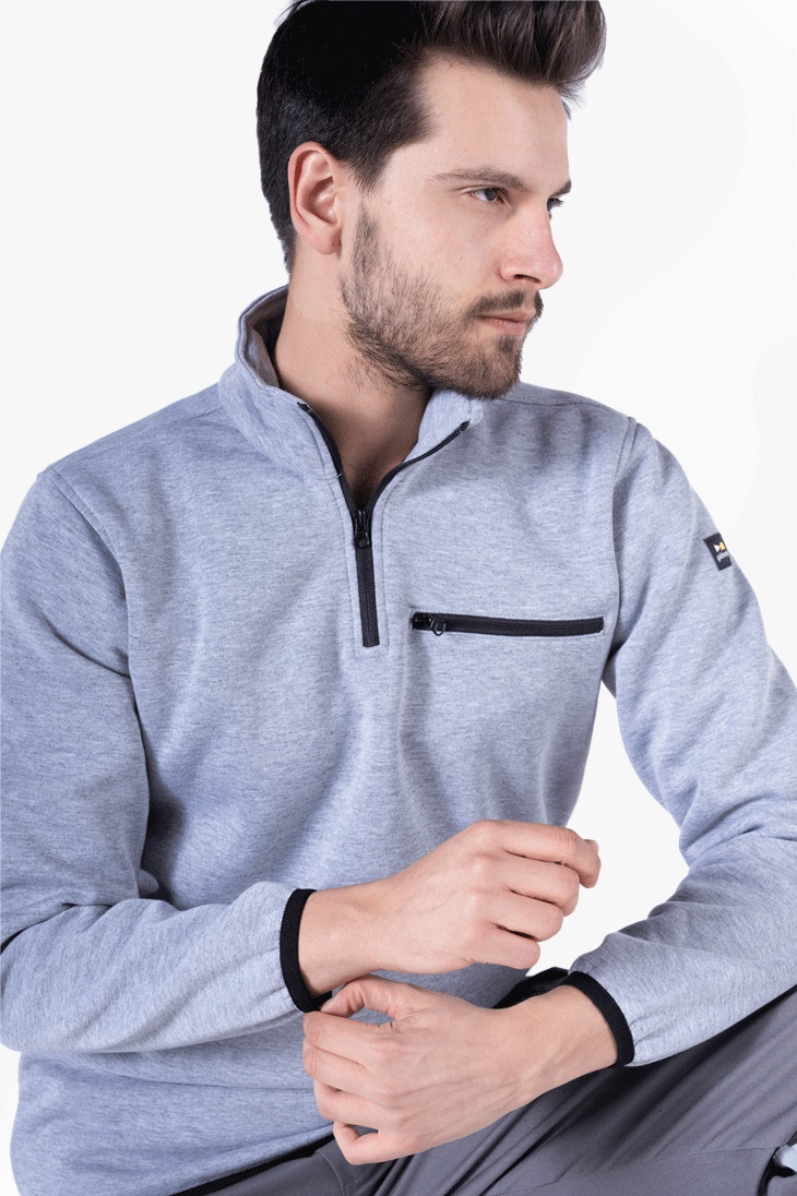 3 İplik Dik Yakalı Fermuarlı Sweatshirt Gri Melanj