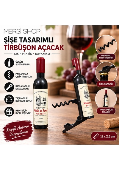 Şişe Tasarımlı Paslanmaz Çelik Tirbuşon Açacak 12x2,5 Cm Katlanabilir Şişe Açacağı Bordo